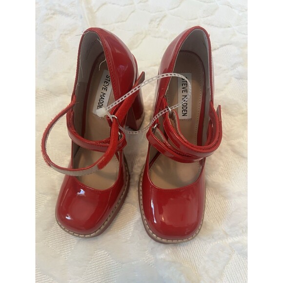 Steve Madden Twice Red Patent Leather Block Heel Mary Jane Platform Pumps Size 6 - Picture 4 of 9
